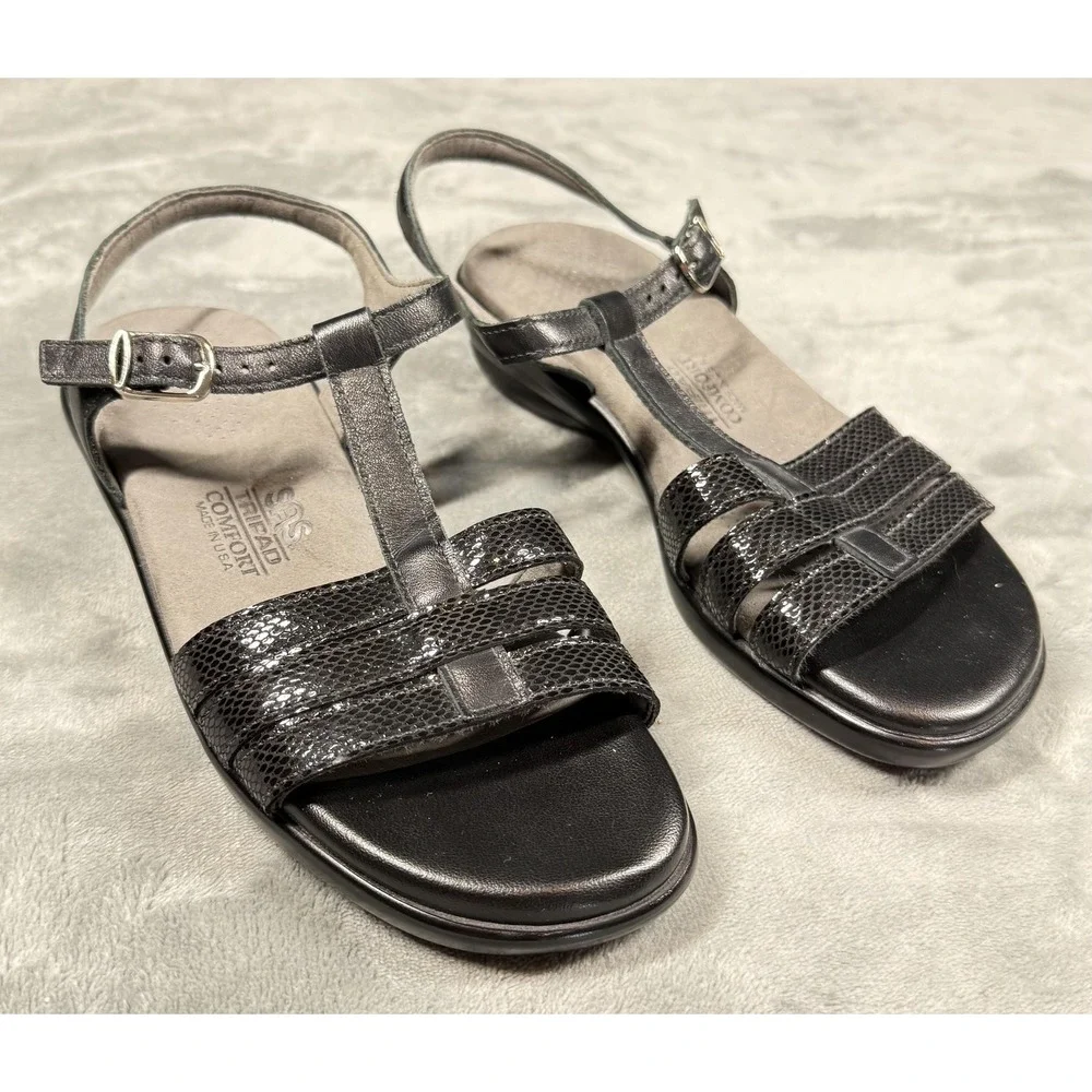 SAS Sandals Womens Size 7 Black Tripad Comfort Slingback Wedge Strappy‎ Leather